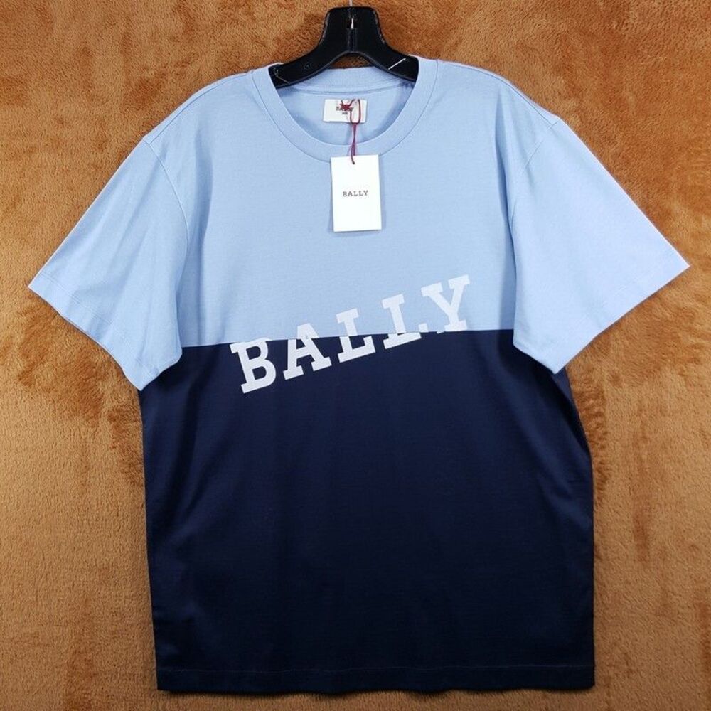 BALLY Shirt Mens Large Blue Pullover Colorblock Short Sleeve Logo Tee T-Shirt